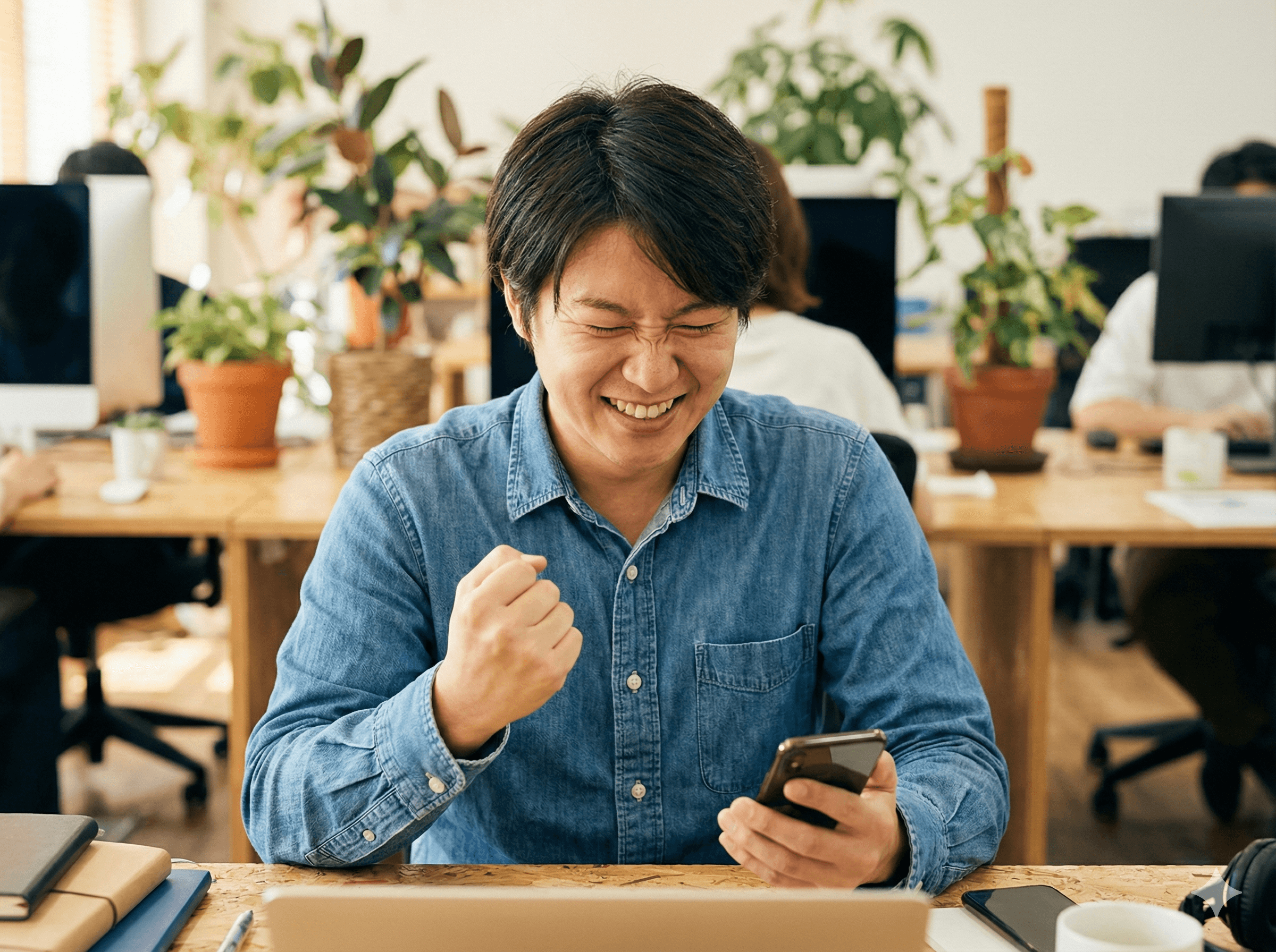 A person in a casual work environment making a celebratory fist gesture after completing their skills profile