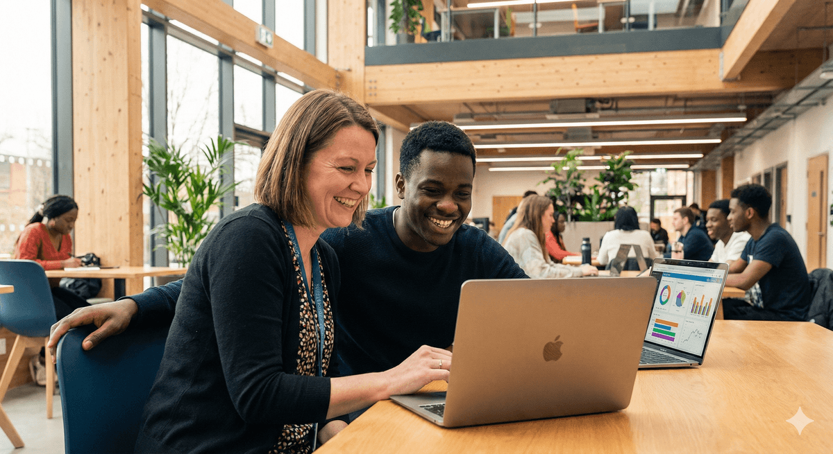 A tutor and student in a college setting, reviewing assessment results together on a laptop