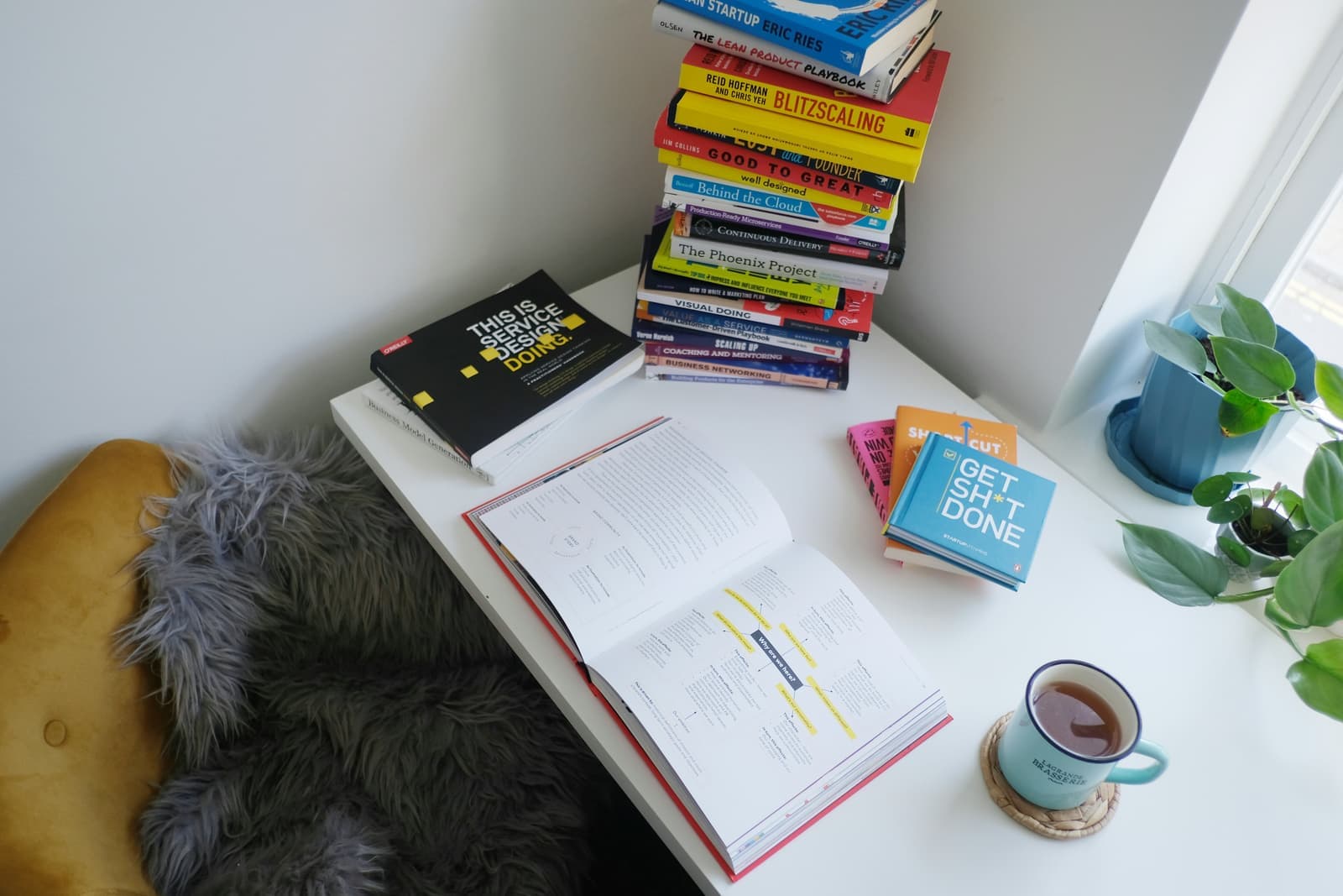 A desk stacked with business strategy books beside an open workbook and a mug of tea, ready for a workforce skills audit
