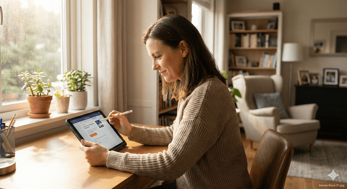 An adult learner confidently working through a maths assessment